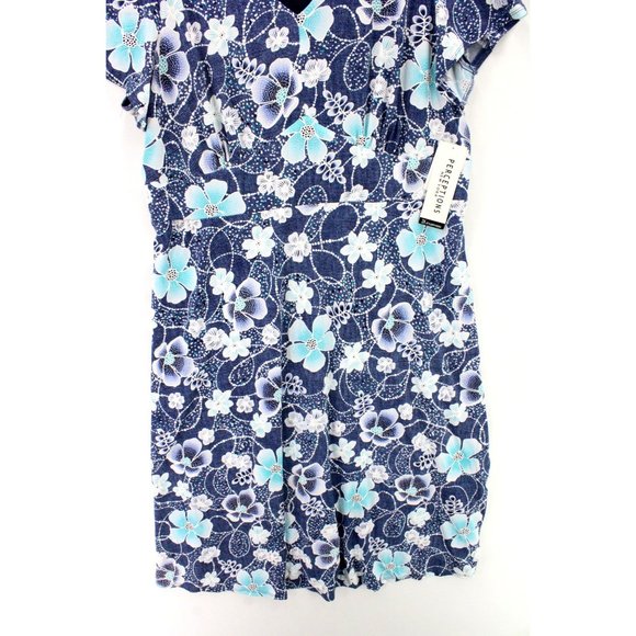 Perceptions New York Dress Womens Blue Floral Short Sleeve Denim/Turo V Neck 2XL - Picture 4 of 10